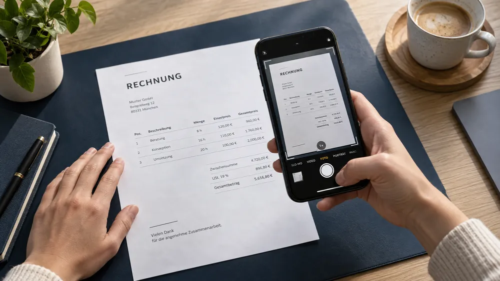 Zwei Hände erfassen eine gedruckte Rechnung mit der Kamera eines Smartphones