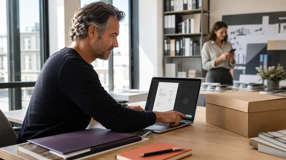 Ein Unternehmer gibt eine digitale Rechnung am Laptop zum Versand frei