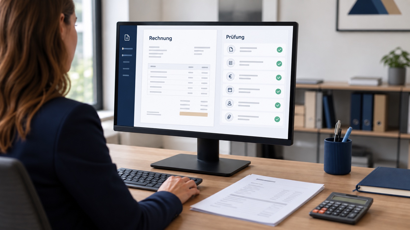 Wertspur-Produktansicht: Rechnung und Prüfung nebeneinander auf einem Monitor