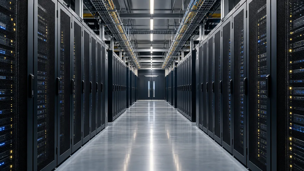 Geordnete Reihen geschlossener Serverschränke in einem modernen Rechenzentrum